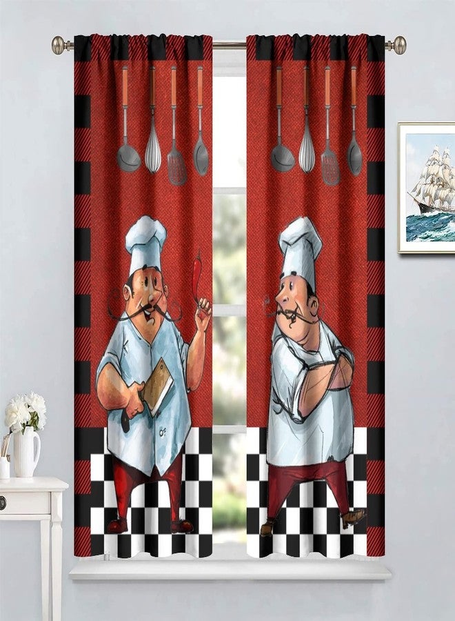 YCness Chef Kitchen Curtain for Window, Fat Cook Theme for Bedroom Living Room, Red Black Buffalo Check Plaid Drape 2 Panel Set, 42x45 Inch - Image 5